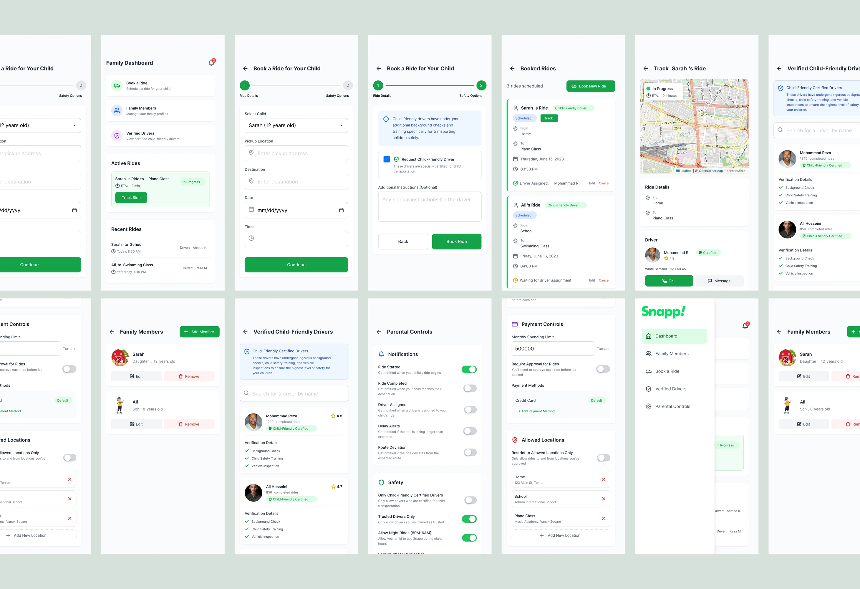 Final Snapp Family dashboard, scheduled ride, and trip-tracking designs