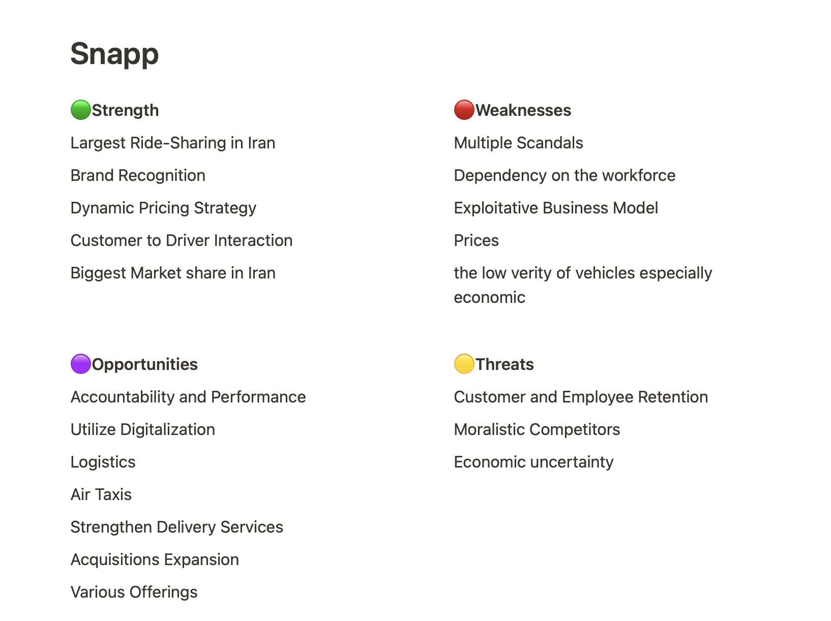 SWOT analysis for a Snapp family mobility service